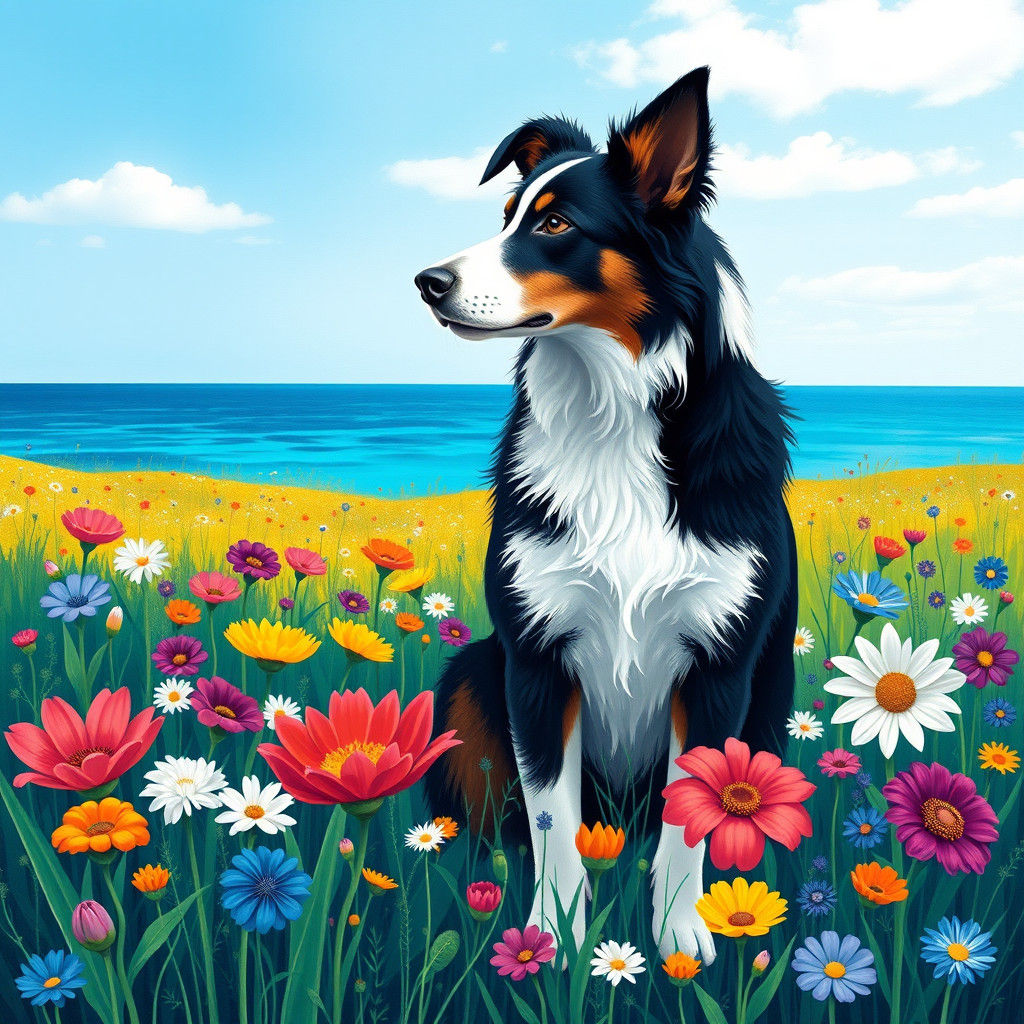 Border Collie in Abstract Flower Field