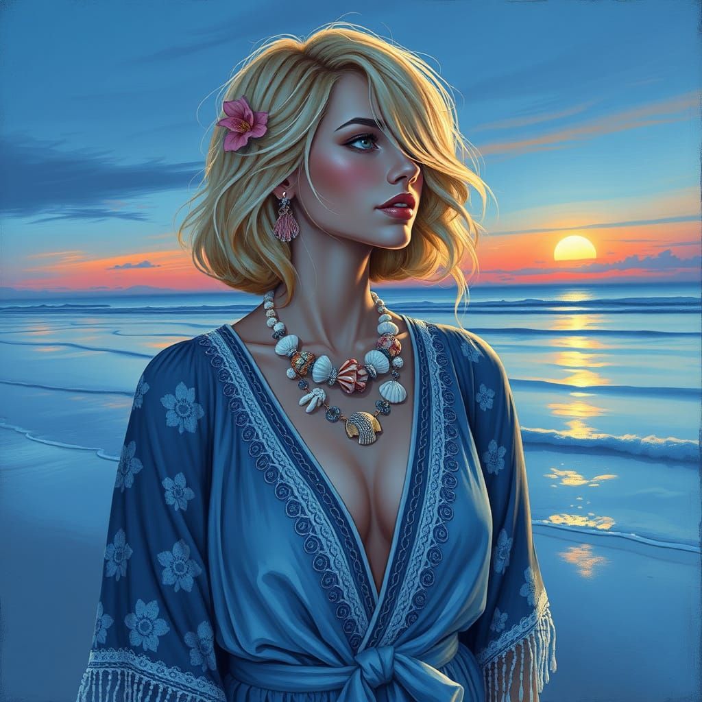 Sensual Bohemian Woman on a Sunset Beach