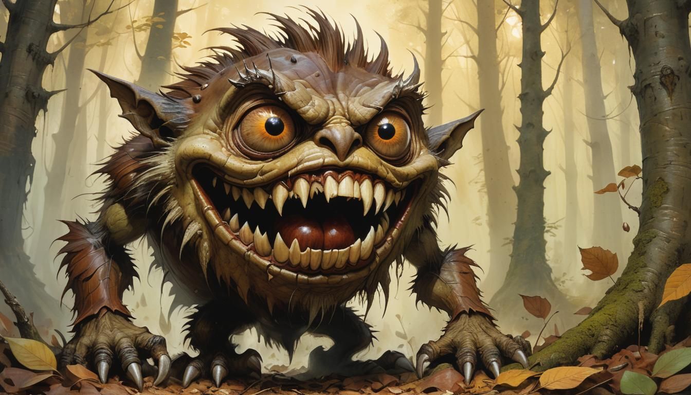 One chestnut with a face of a giant monster, big mouth with ...