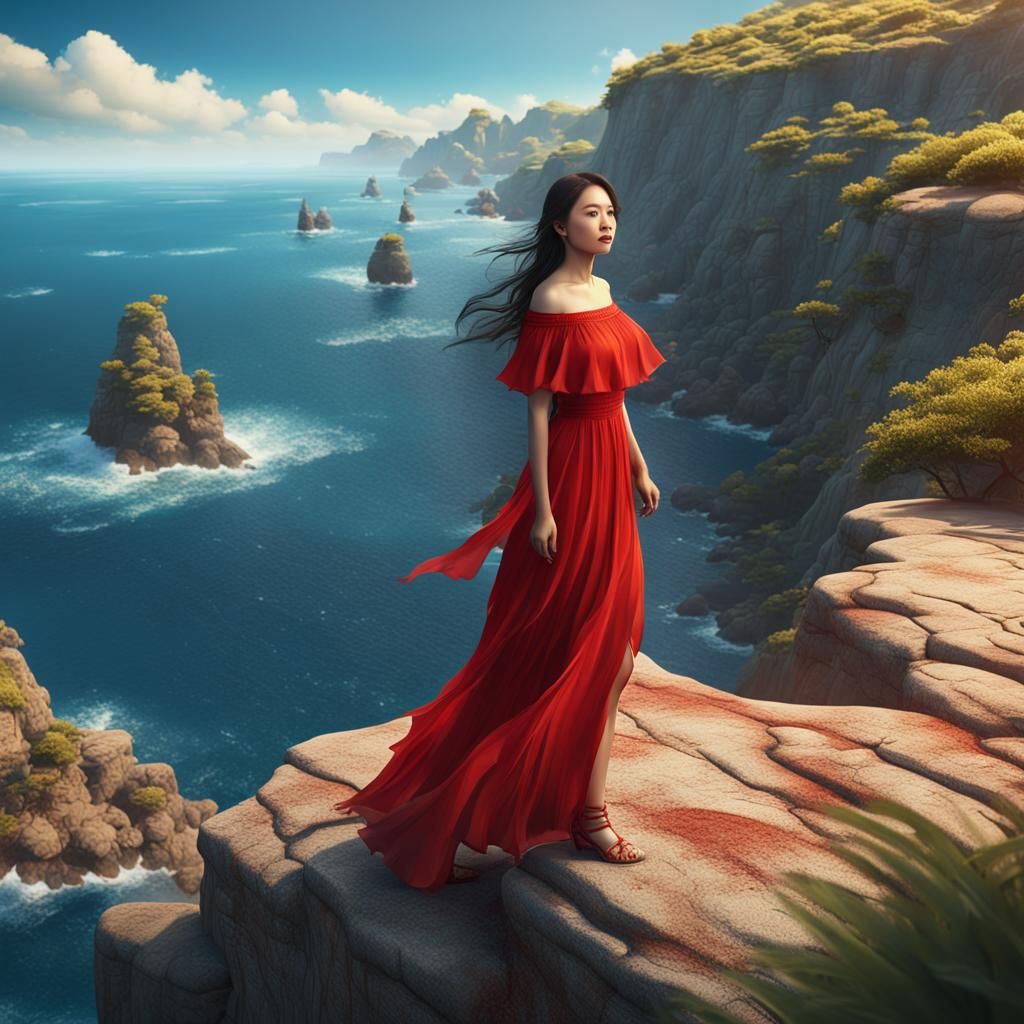 Asian Woman in Red Dress on Cliff