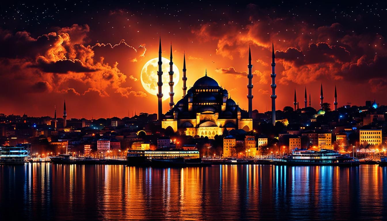 Istanbul Skyline at Night in Neo-Expressionist Style