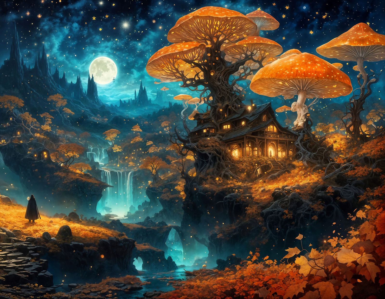 Surreal Autumn Night Landscape in Vibrant Oil Paint Style