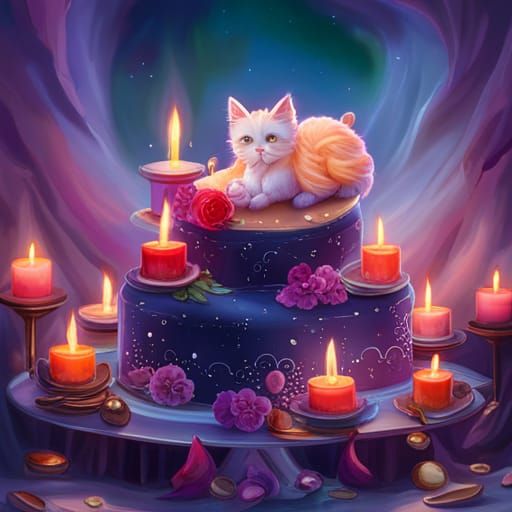 Ethereal Fantasy Cake with Kitten in Thomas Kinkade Style
