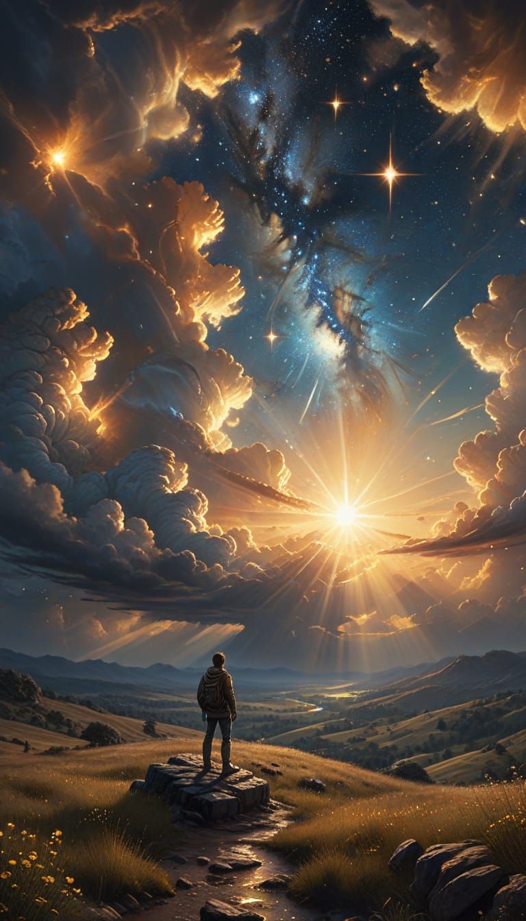 Person Gazing at Stars in Detailed Night Landscape