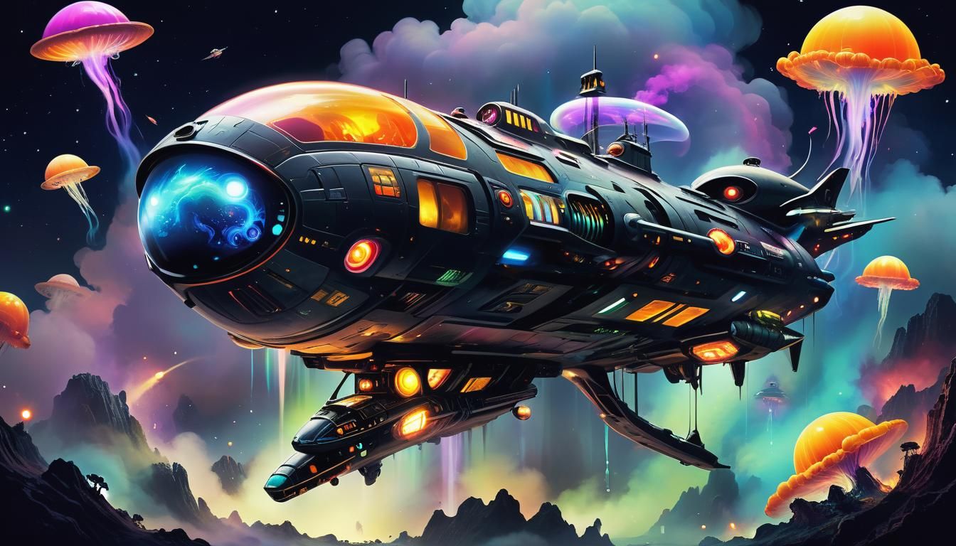 Alien Planet and Spaceship in Bioluminescent Style