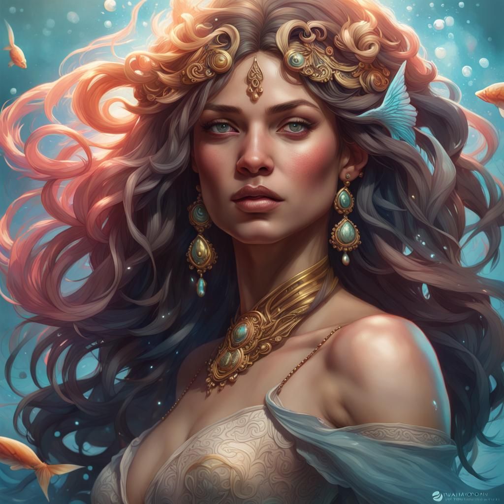 Mermaid Portrait with Fish and Pearls in Splash Art Style