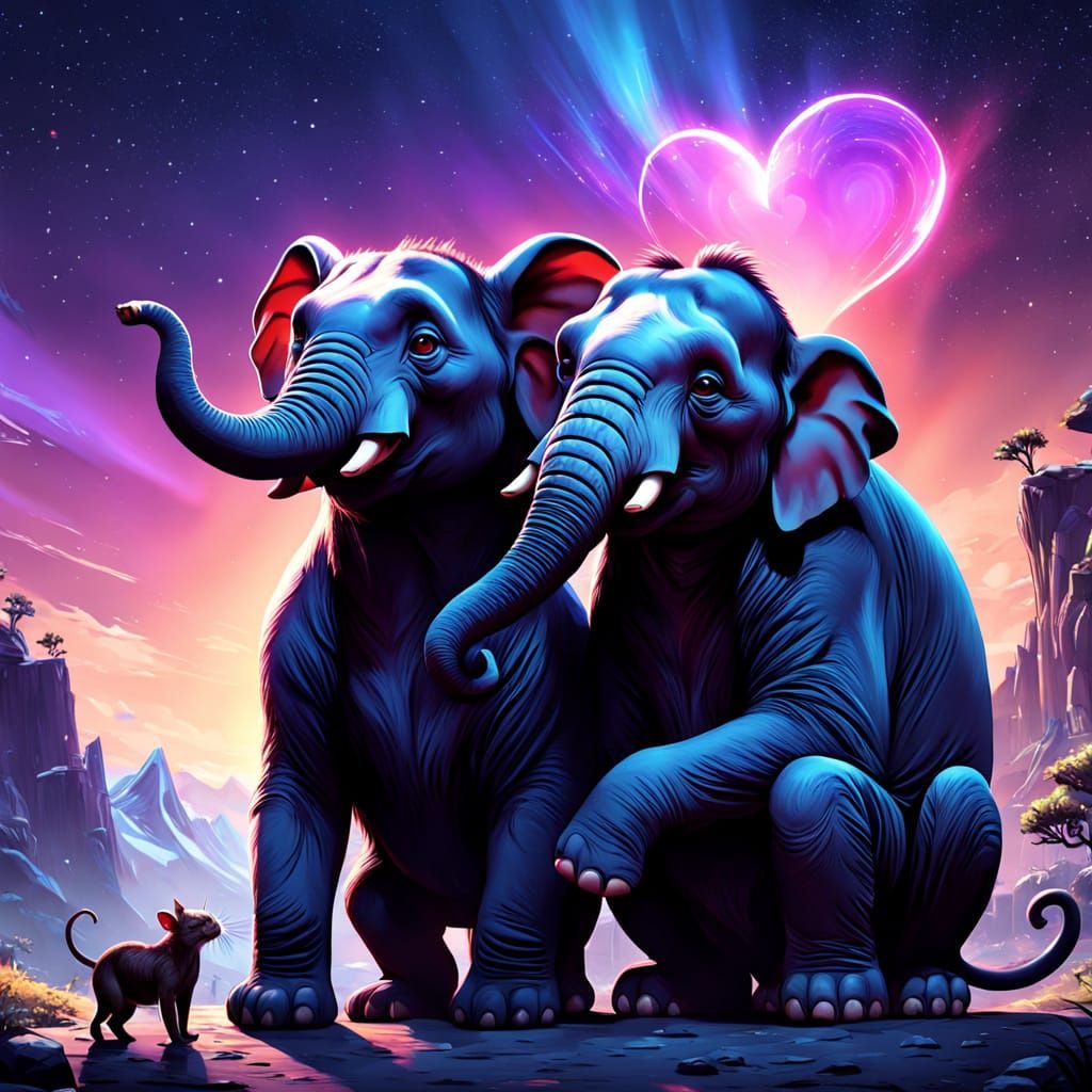 Romantic Elephants in a Vibrant Night Sky