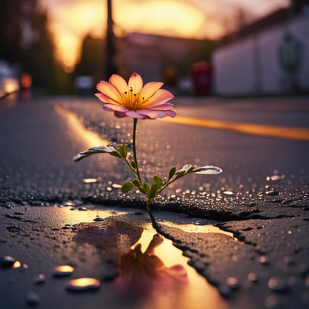 Flower Growing Through Asphalt at Sunset: Photorealistic Mac...