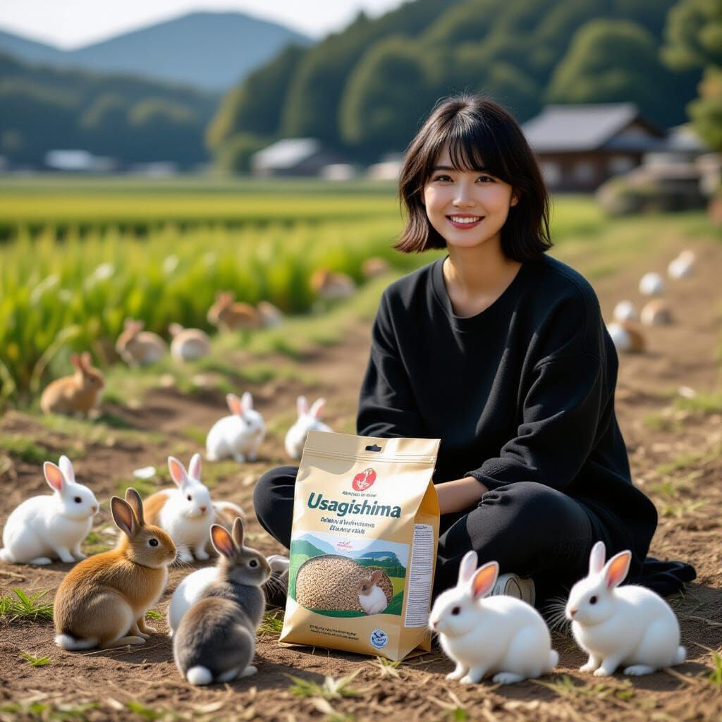 Woman with Rabbits on Usagishima Island, Japan