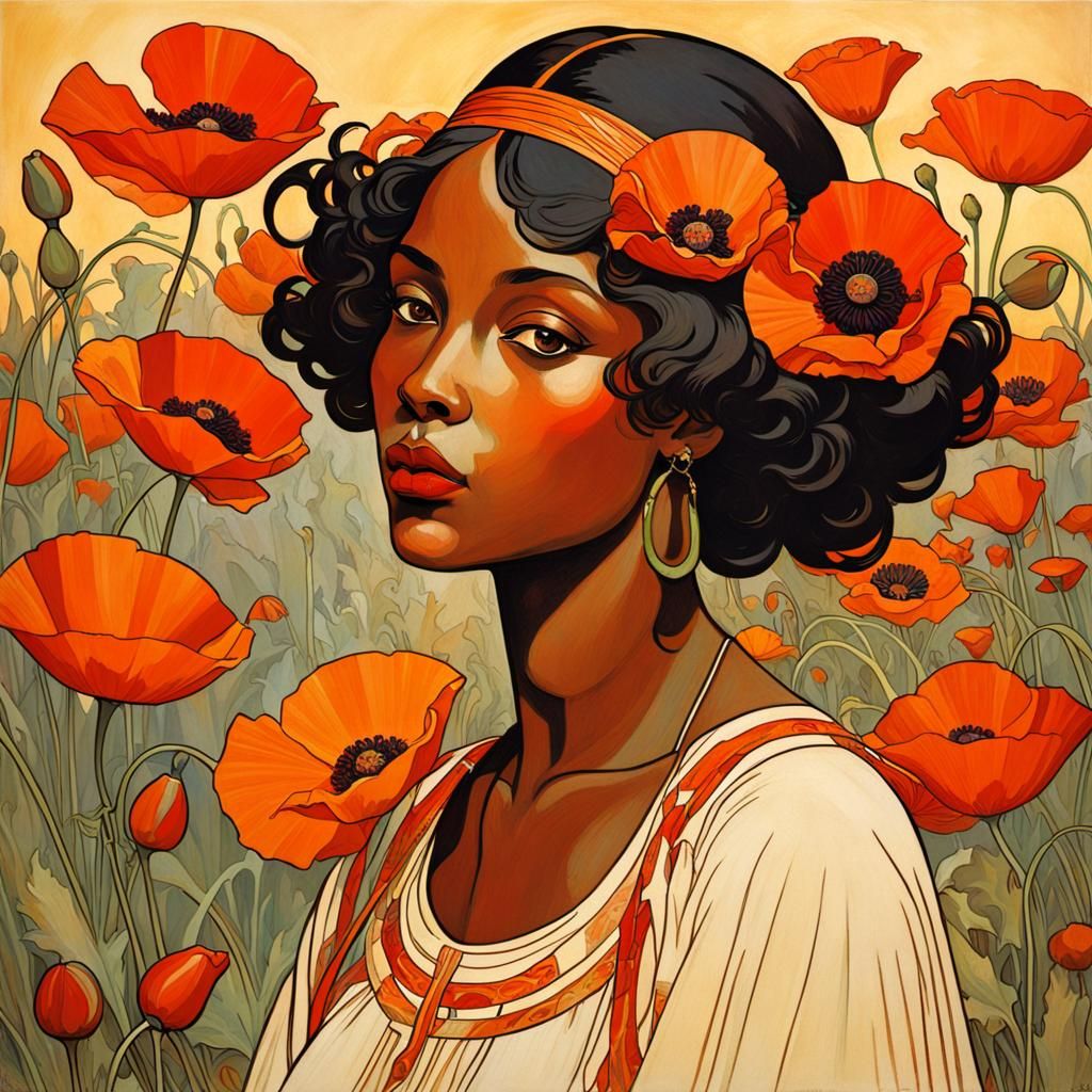 Woman in Poppy Field, Art Deco Style
