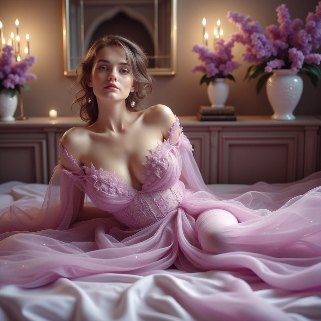 Serene Young Woman in Lilac Gown, Floral Sanctuary