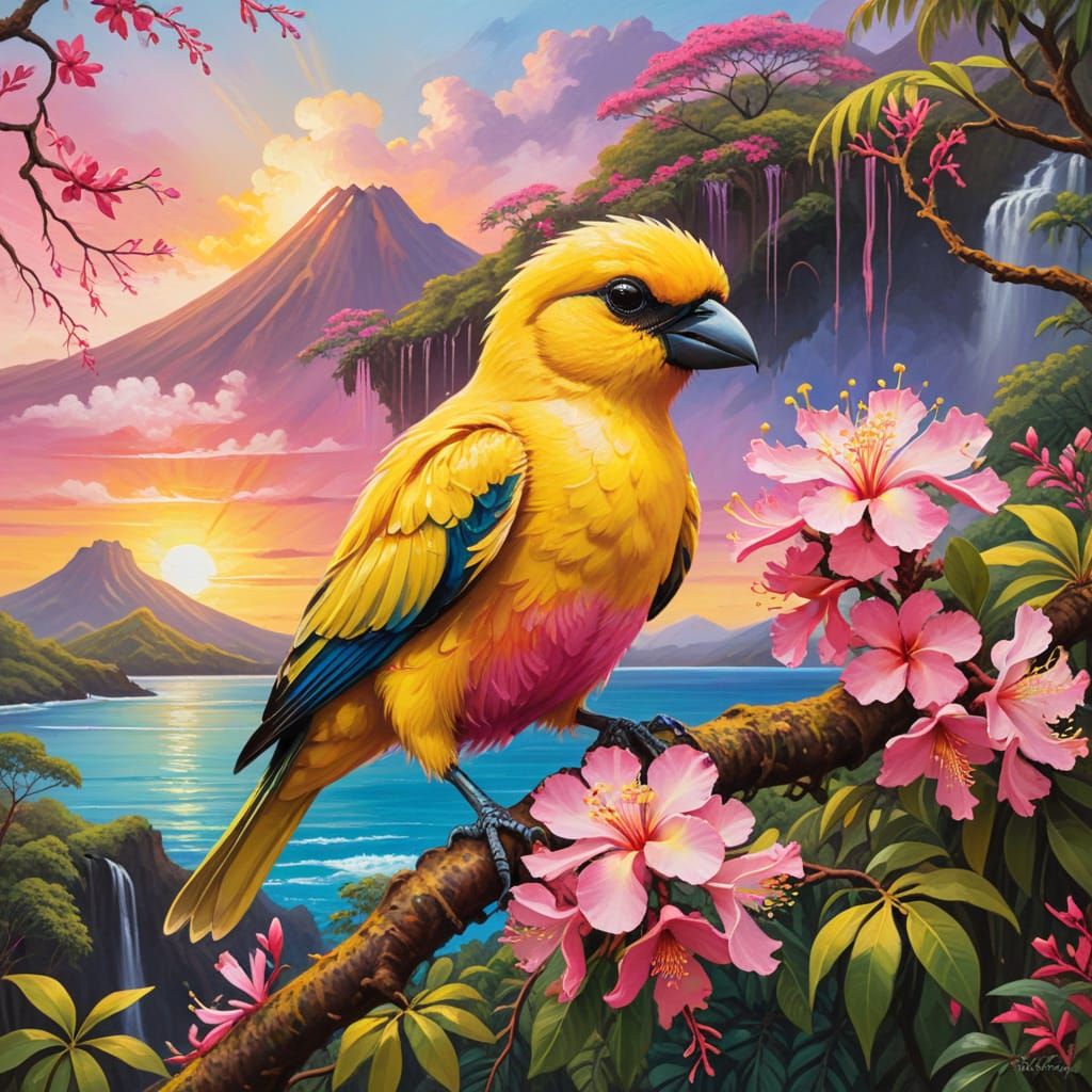 Cute Yellow Bird in Tropical Volcano Scene