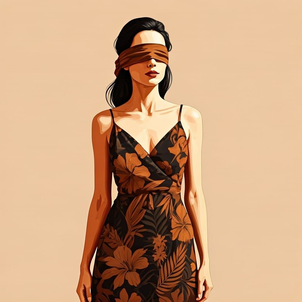 Elegant Blindfolded Woman in Hawaiian Dress: Airbrush Illust...