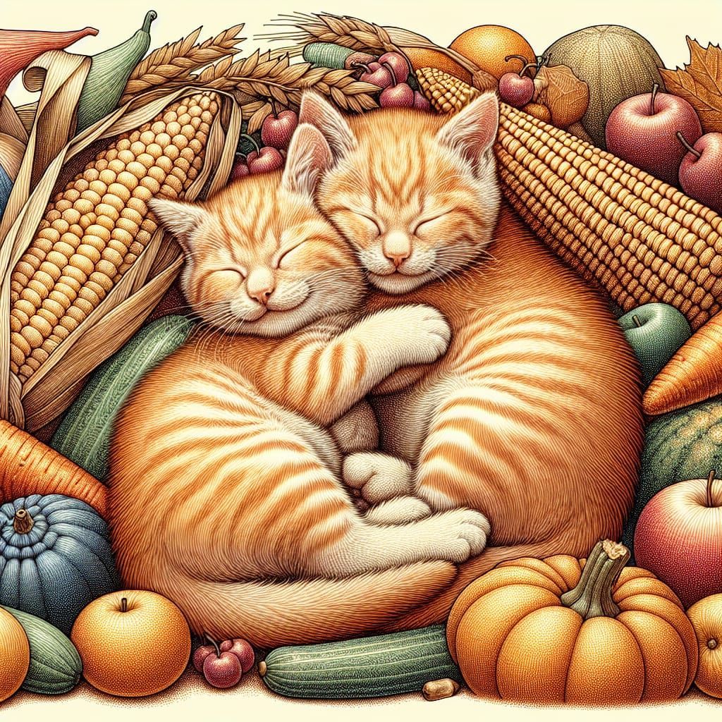 Kittens Asleep in Cornucopia of Fruits, Etching Style