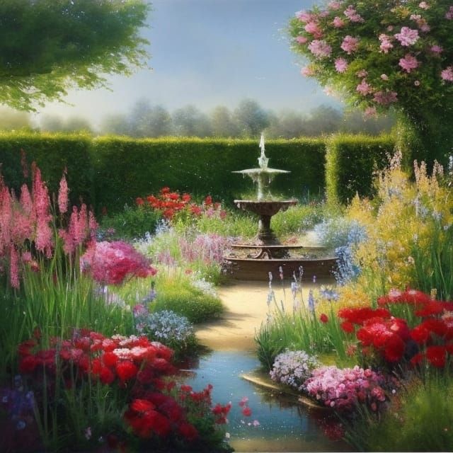 Enchanted Garden with Fountain and Statues
