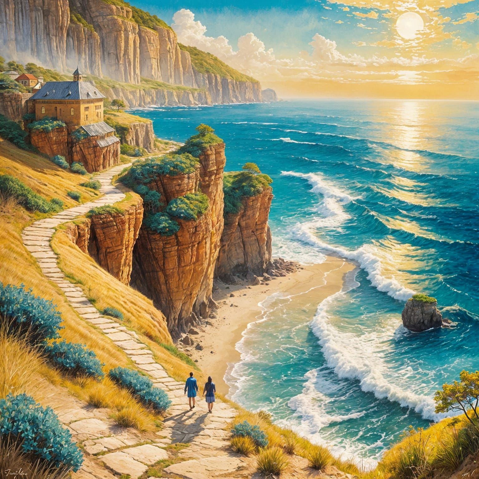 Coastal Cliffs Watercolor Painting with Winding Path