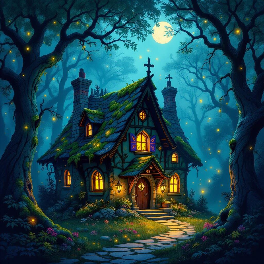 Enchanted Forest House Aglow with Mystical Lights