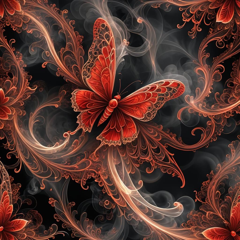 Abstract Fractal Art: Red Moth with Smoke Trail