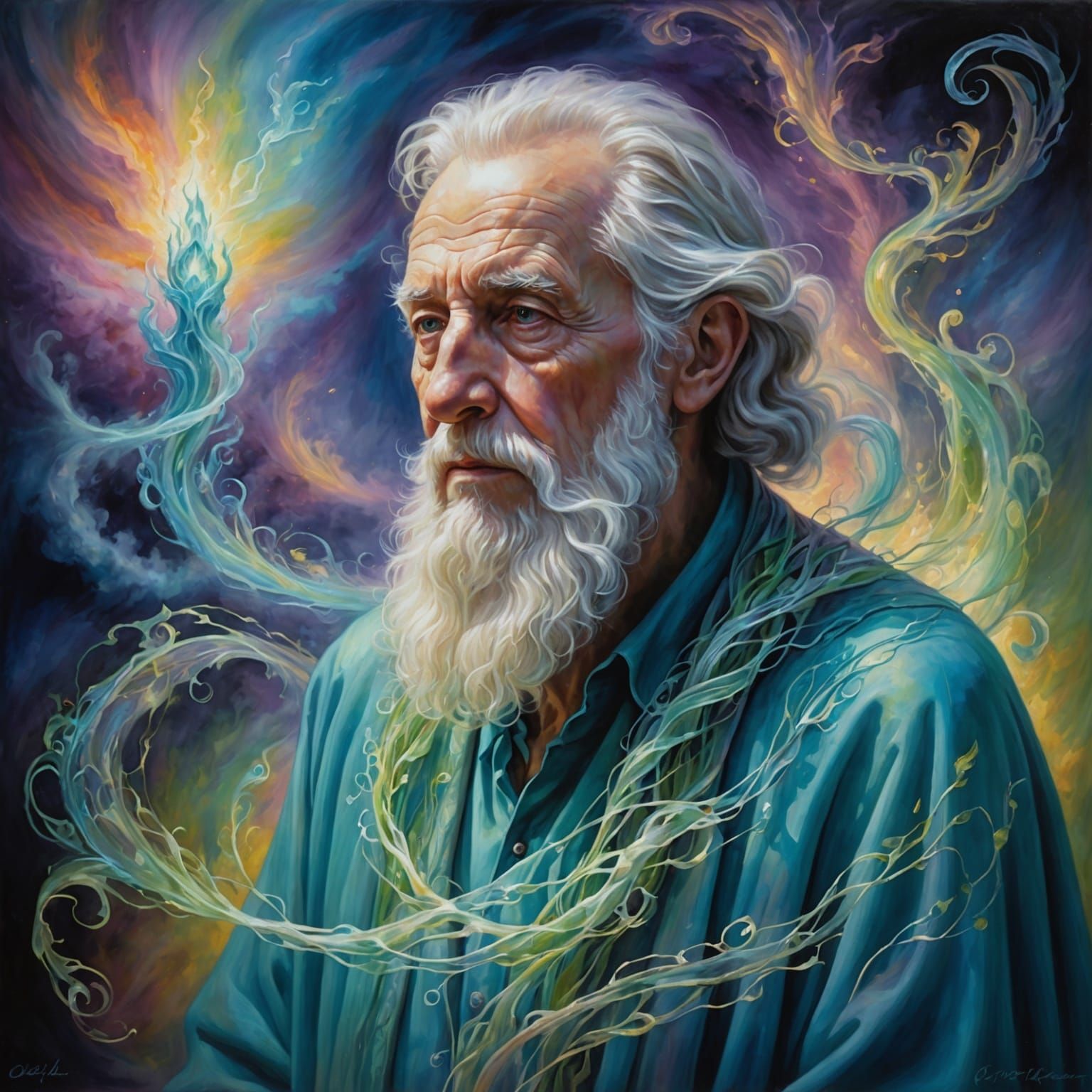 Ethereal Old Man Ghost in Opalescent Oil Painting