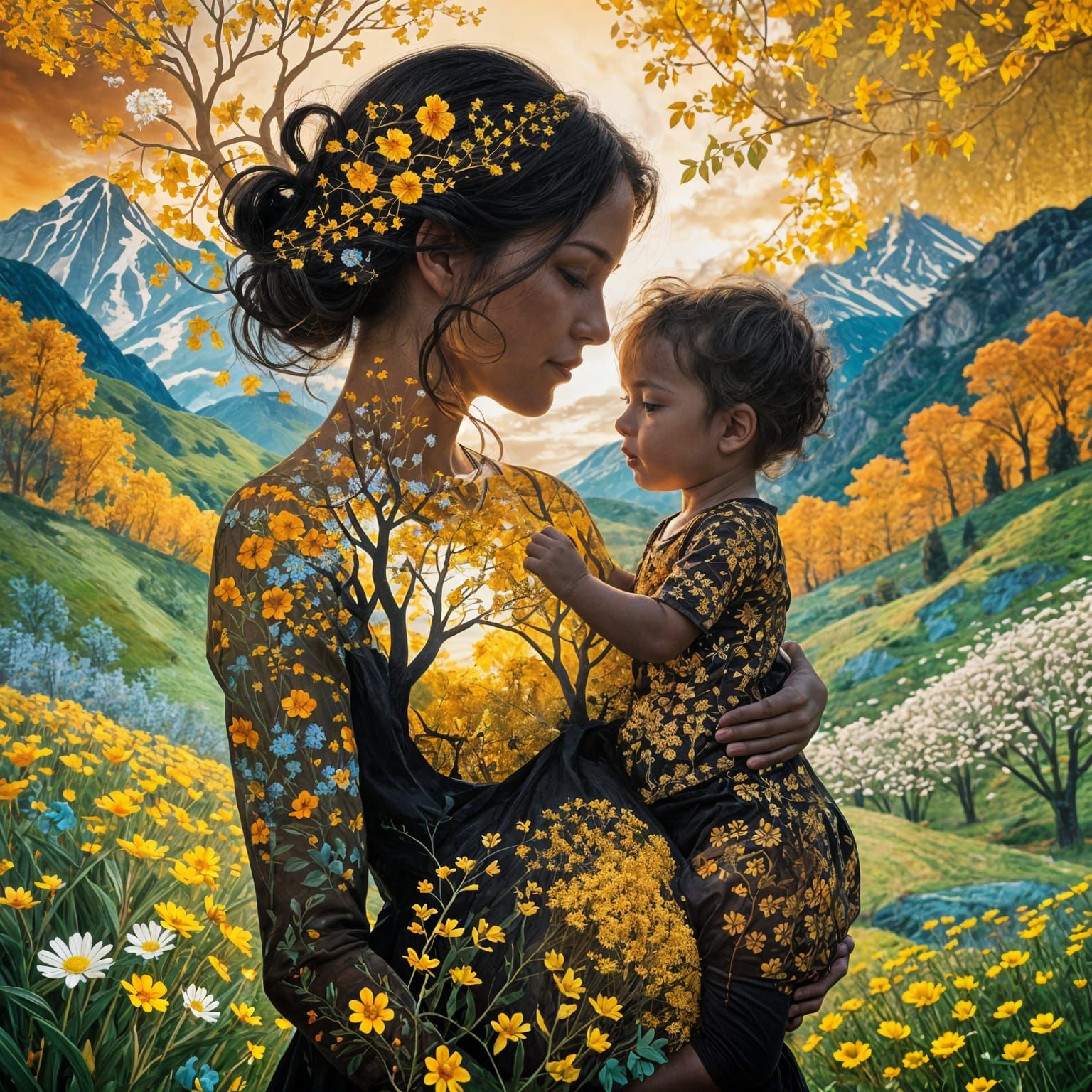 A silhouette of a mother and child, Gustav Klimt style