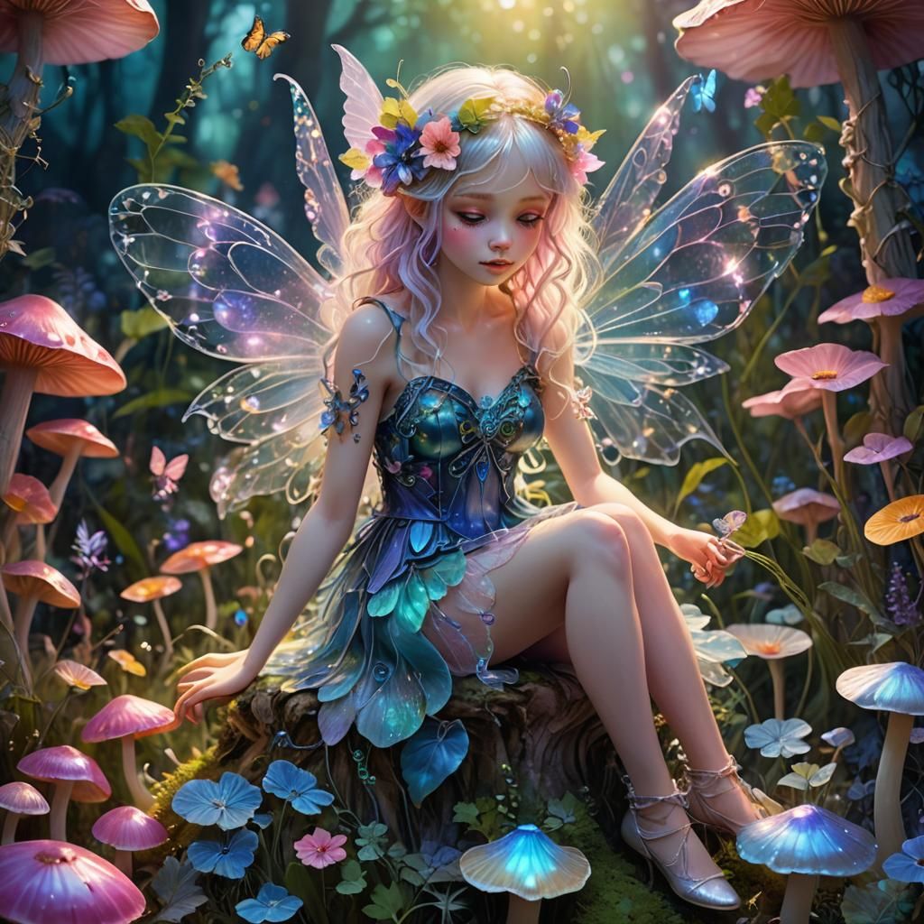 Luminous String Fairy on Mushroom, Fantasy Art