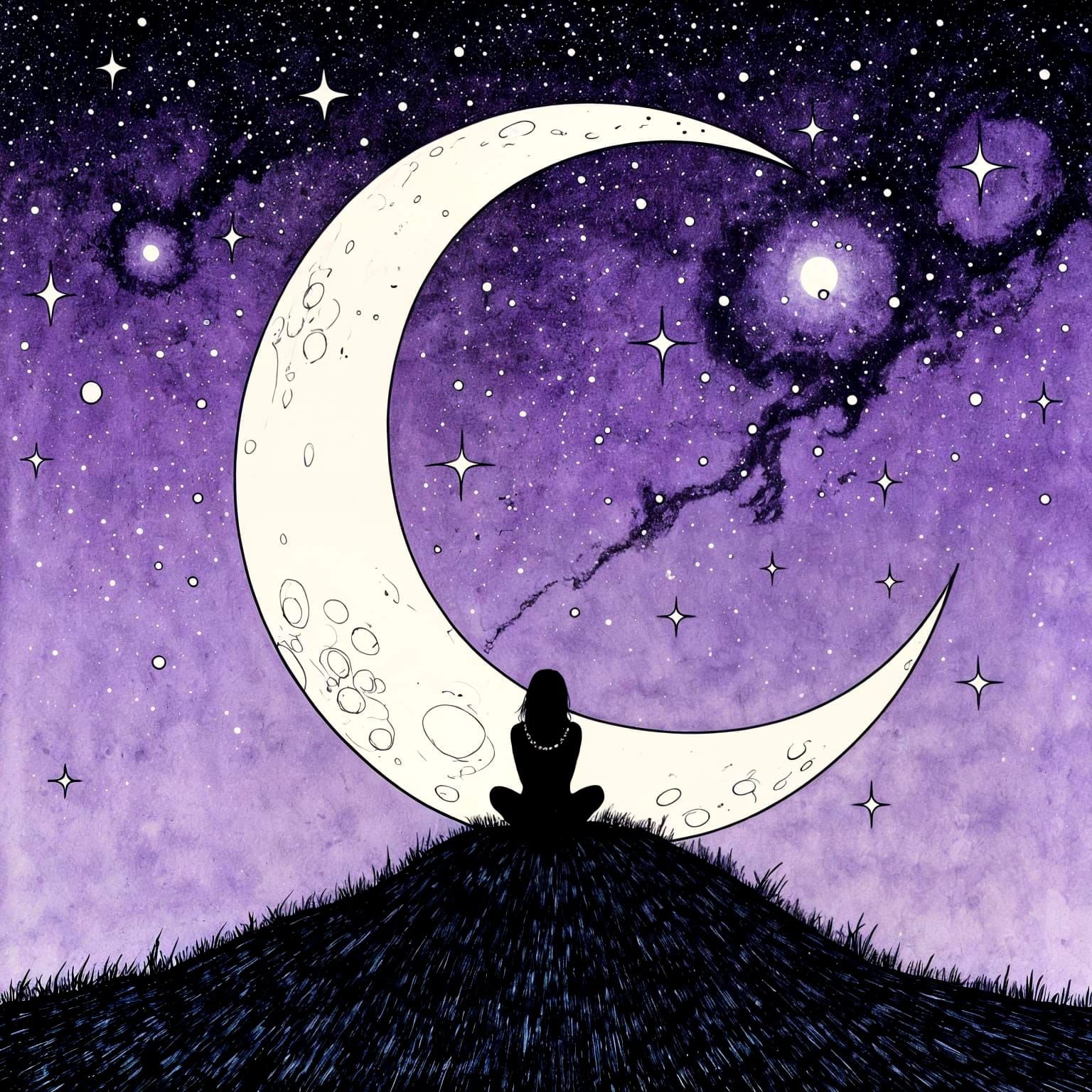 Woman Silhouetted by Giant Moon on Hilltop