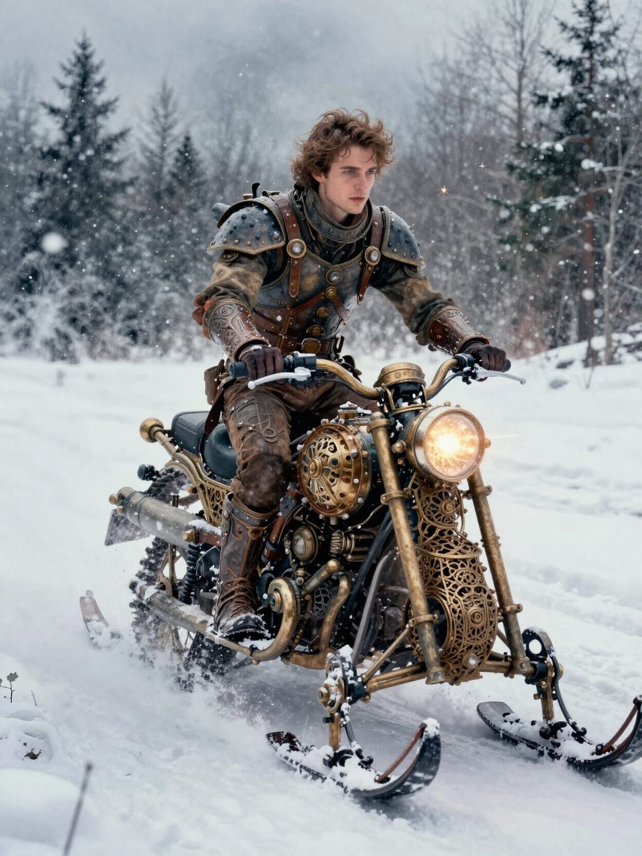 Steampunk Snowmobile Rider in Blizzard