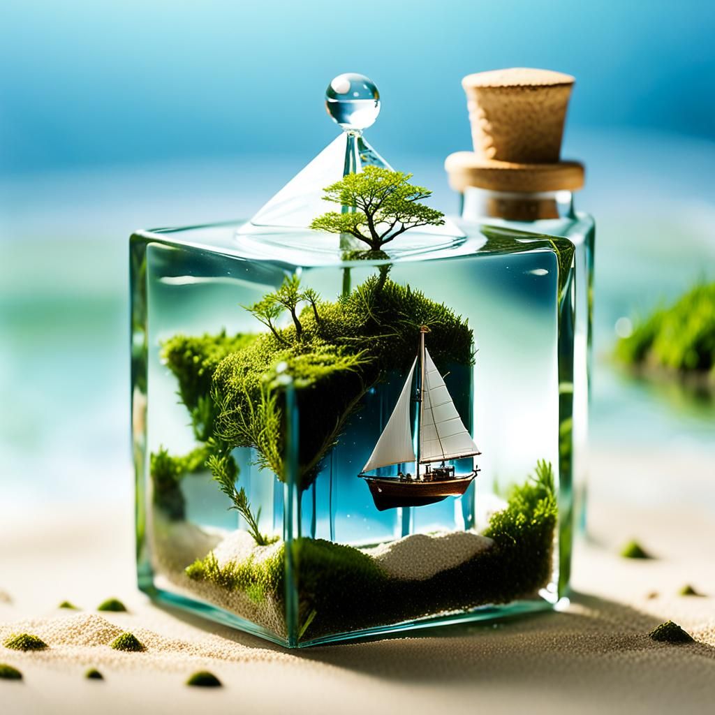 Miniature Sailboat Scene in Glass Cube