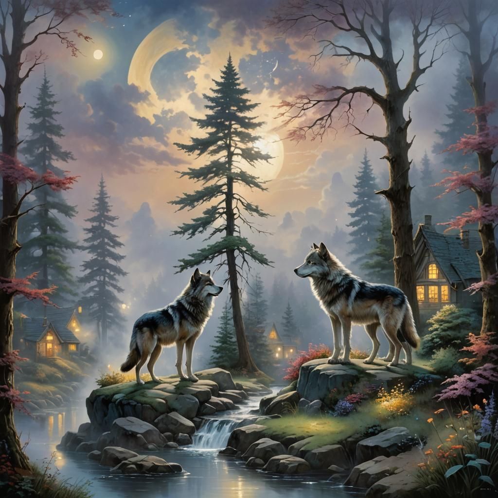 Wolf Howling at Moon in Ethereal Mist