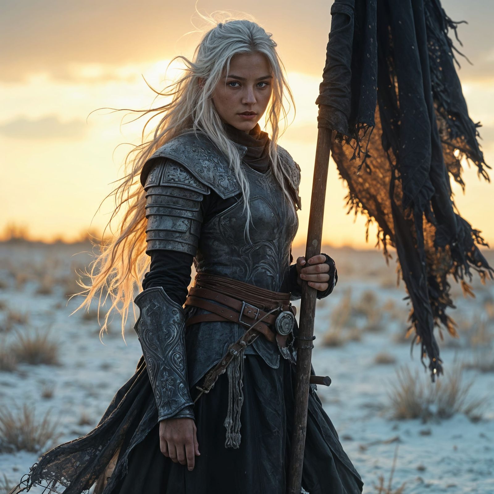 A 15-year-old girl with tan skin and white hair, clad in dar...