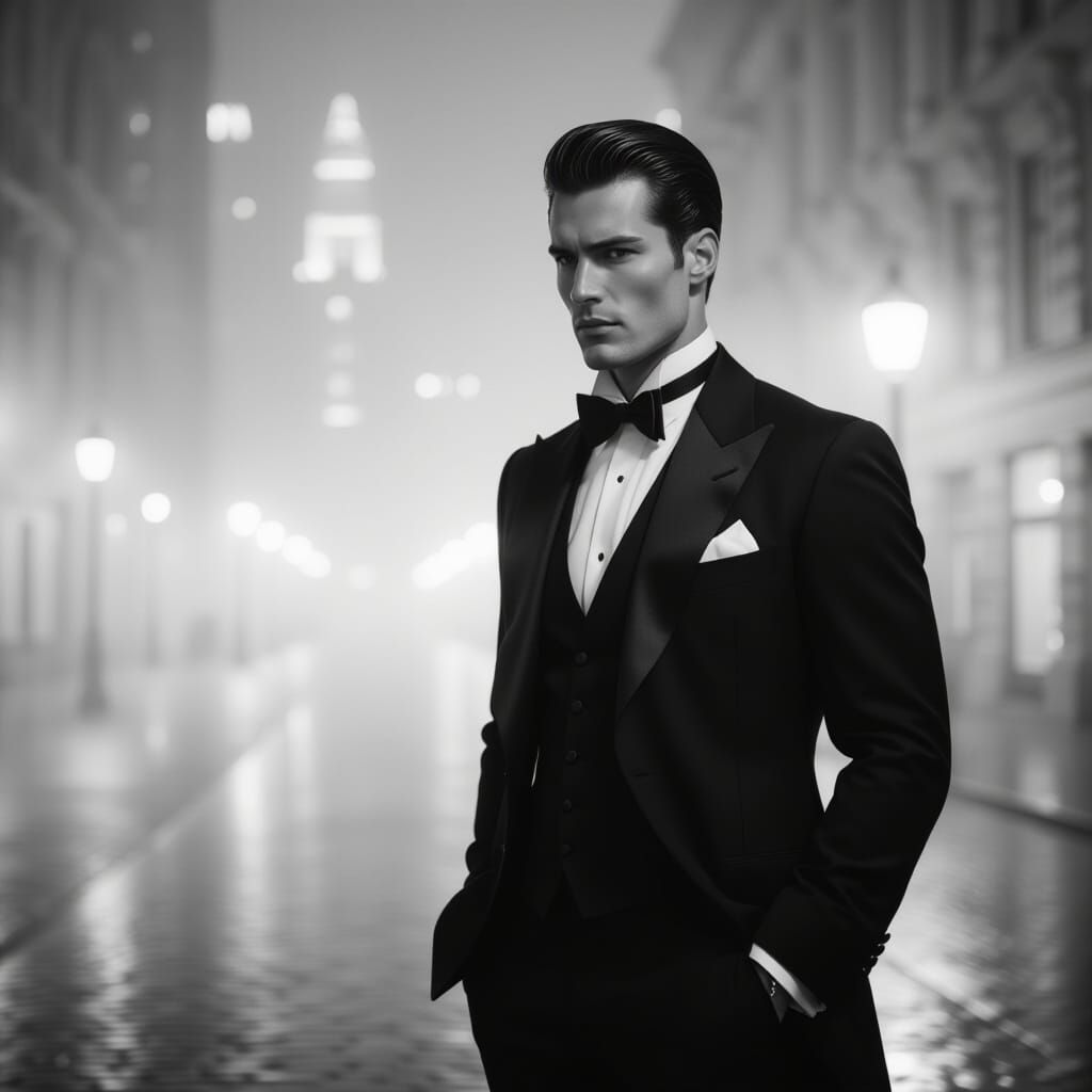 Monochrome Portrait of Elegant Man in Misty Cityscape