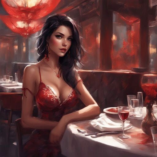 Beautiful Dark-Haired Girl in Restaurant, Figurative Art