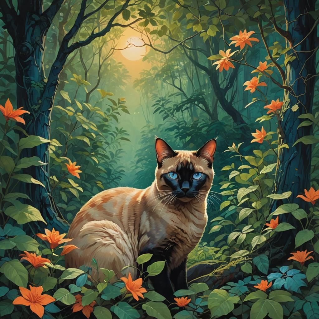 Siamese Cat in Mystical Forest, Ethereal Light