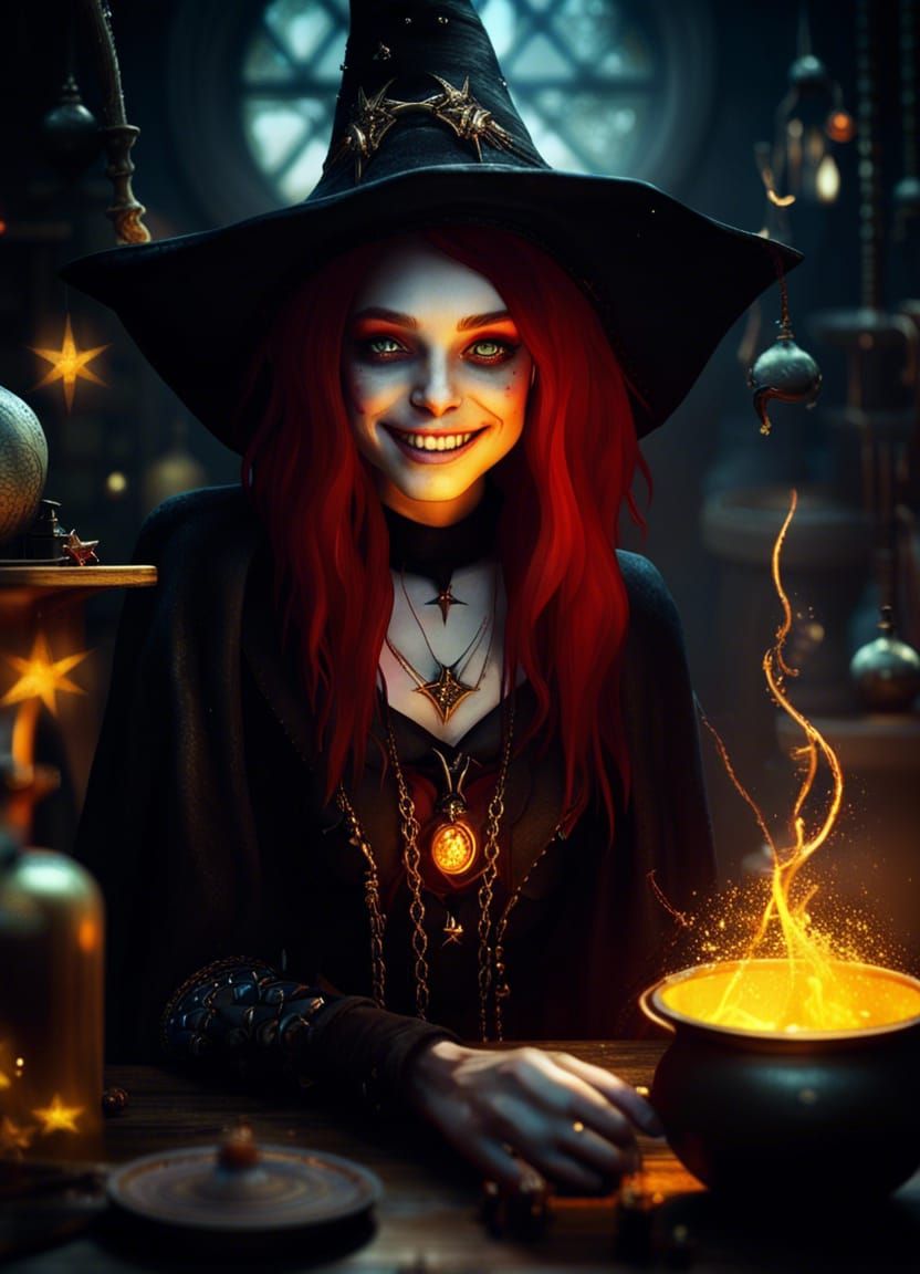 Gothic Witch in Alchemy Lab with Macabre Smile