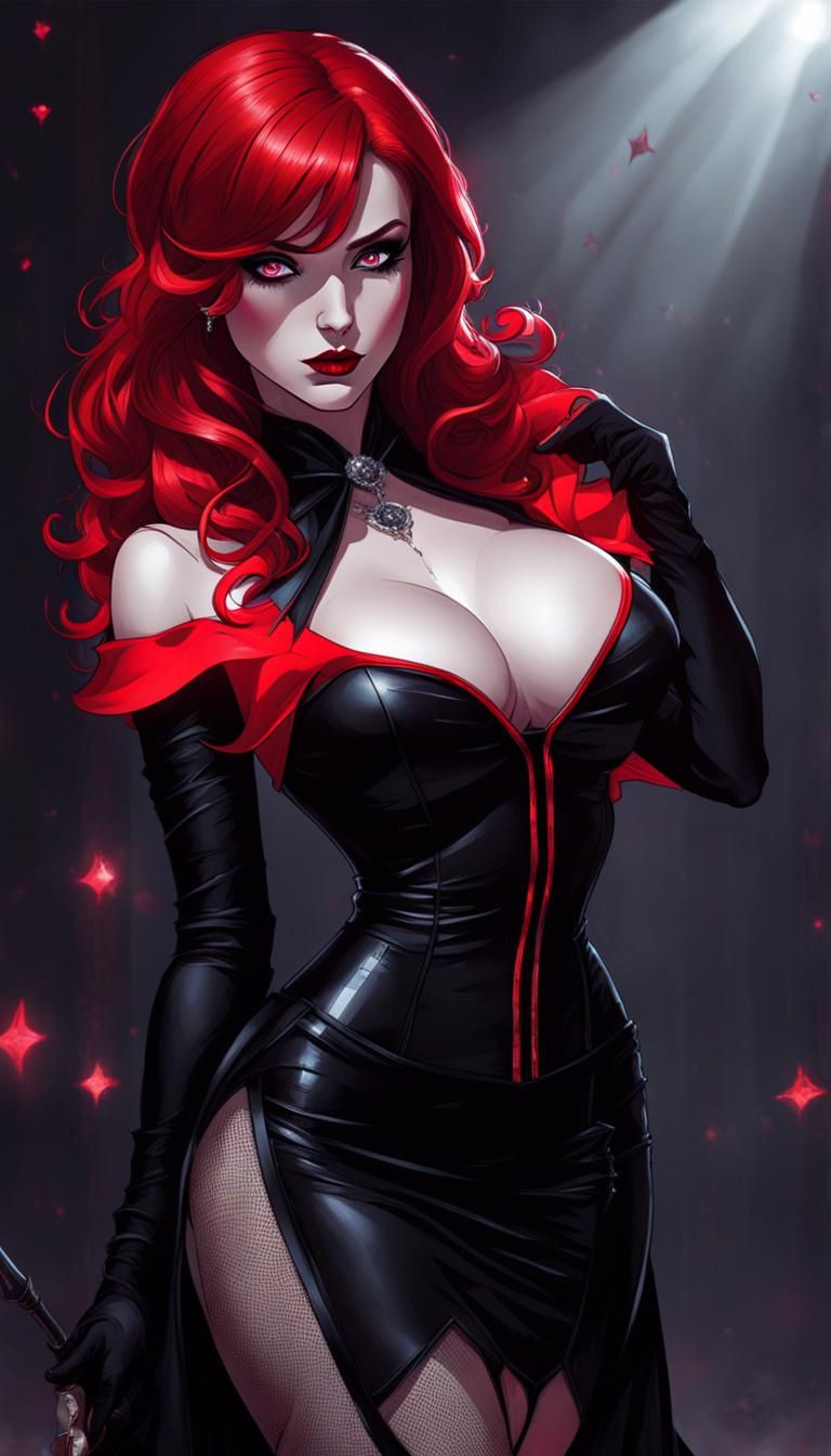 Redhead Vampire on Neon Dancefloor in Gothic Art