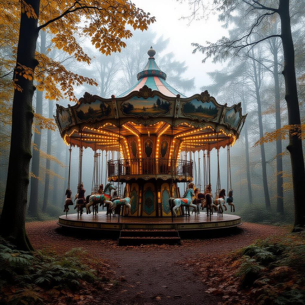 Abandoned Forest Carousel in Golden Autumn Light