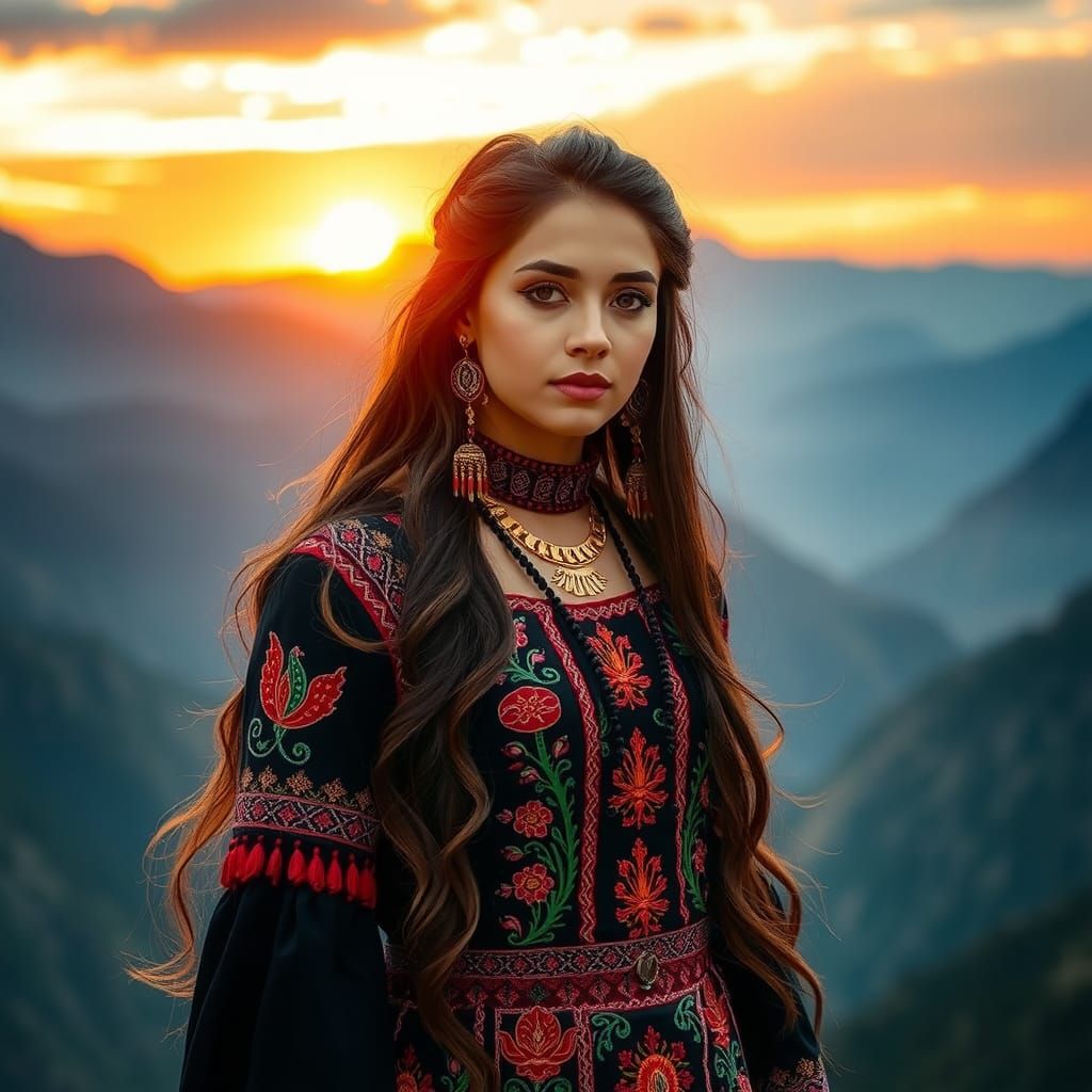 Afghan Princess in Majestic Regalia Against Sunset Mountains