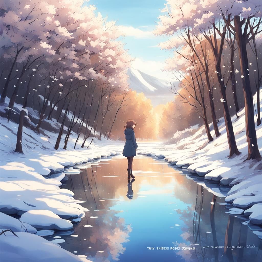 Anime Girl and Winter River Reflection