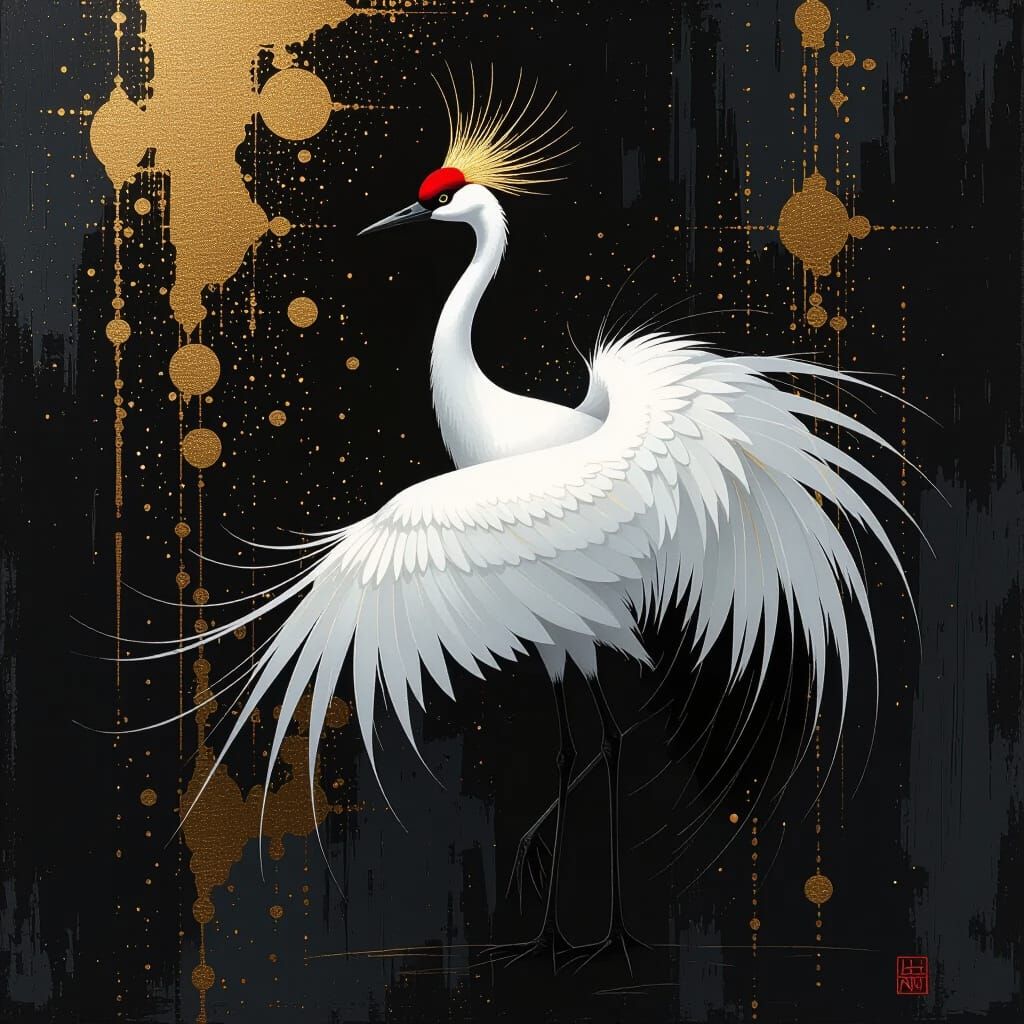Elegant White Crane with Gold Accents Digital Painting
