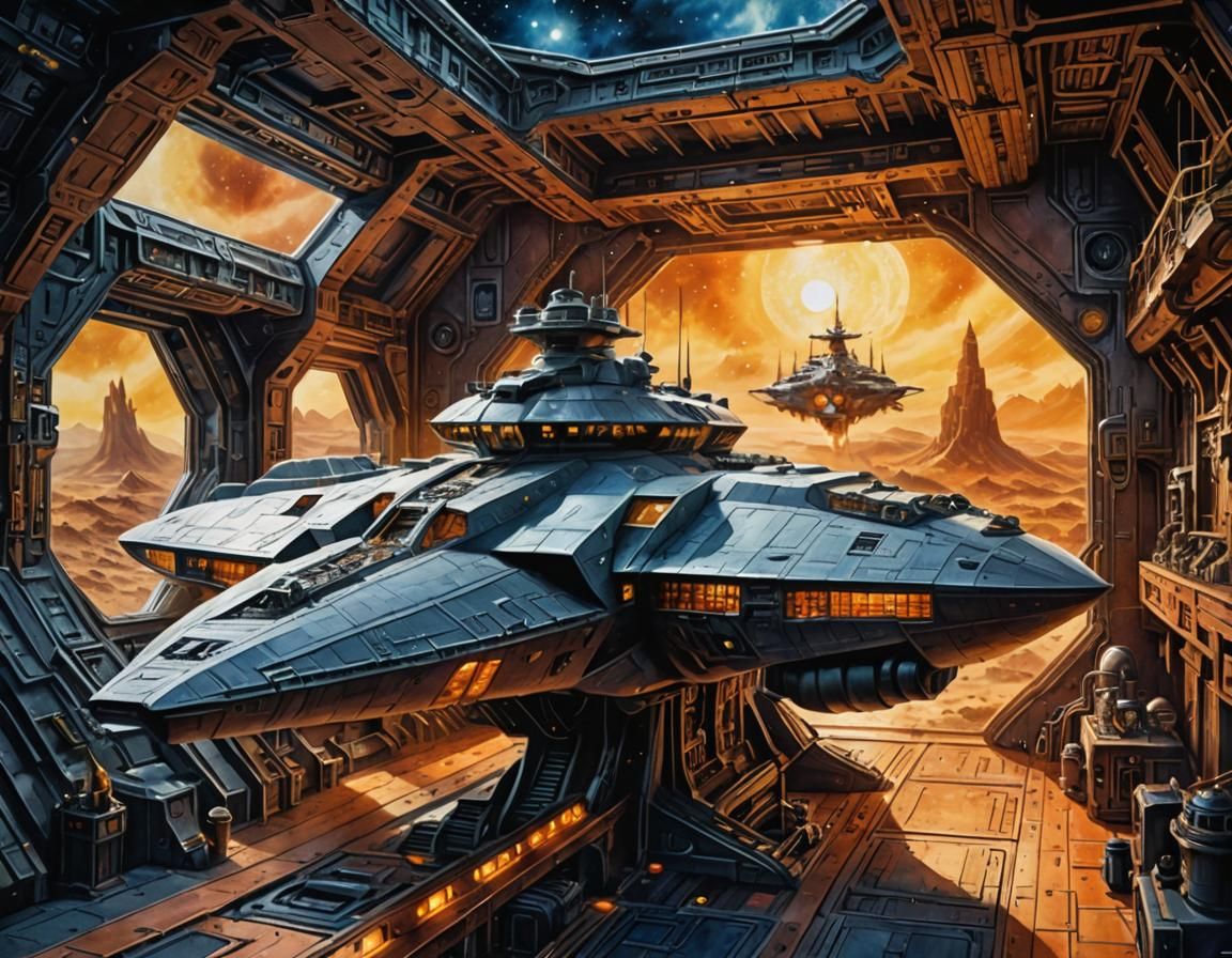 Epic Sci-Fi Battlecruiser in Watercolor Style