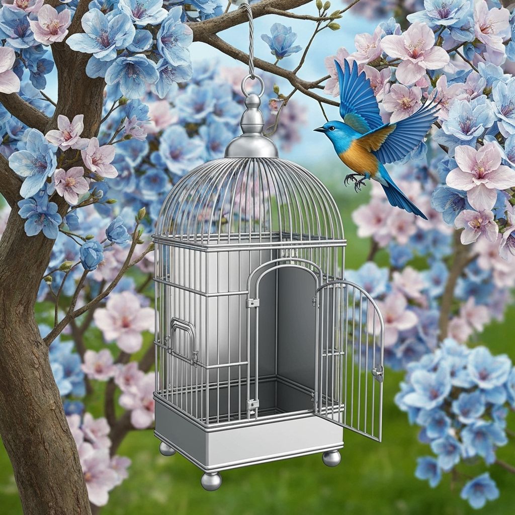 Blue Bird Escapes Ornate Cage in Flower-Filled Tree