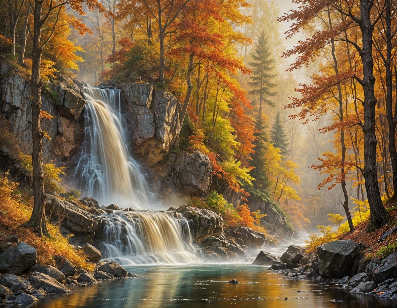 Majestic Autumn Waterfall in Luminous Forest