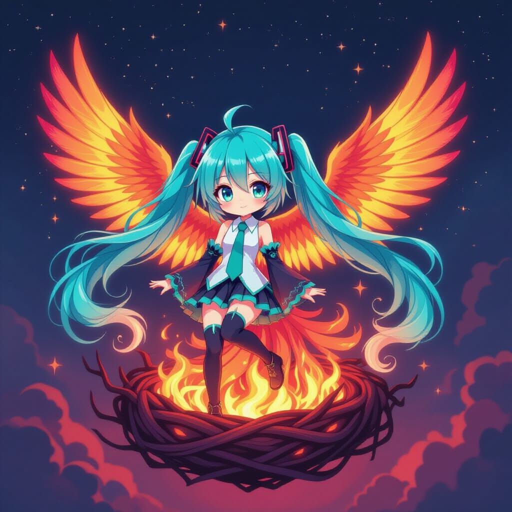 Chibi Hatsune Miku as a Fiery Phoenix in Cosmic Expanse
