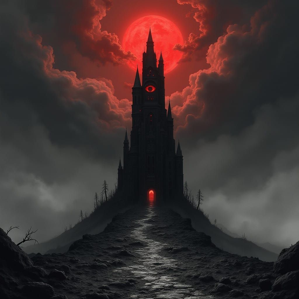 Ancient Tower with Glowing Demon Eye in Stark Black, White, ...