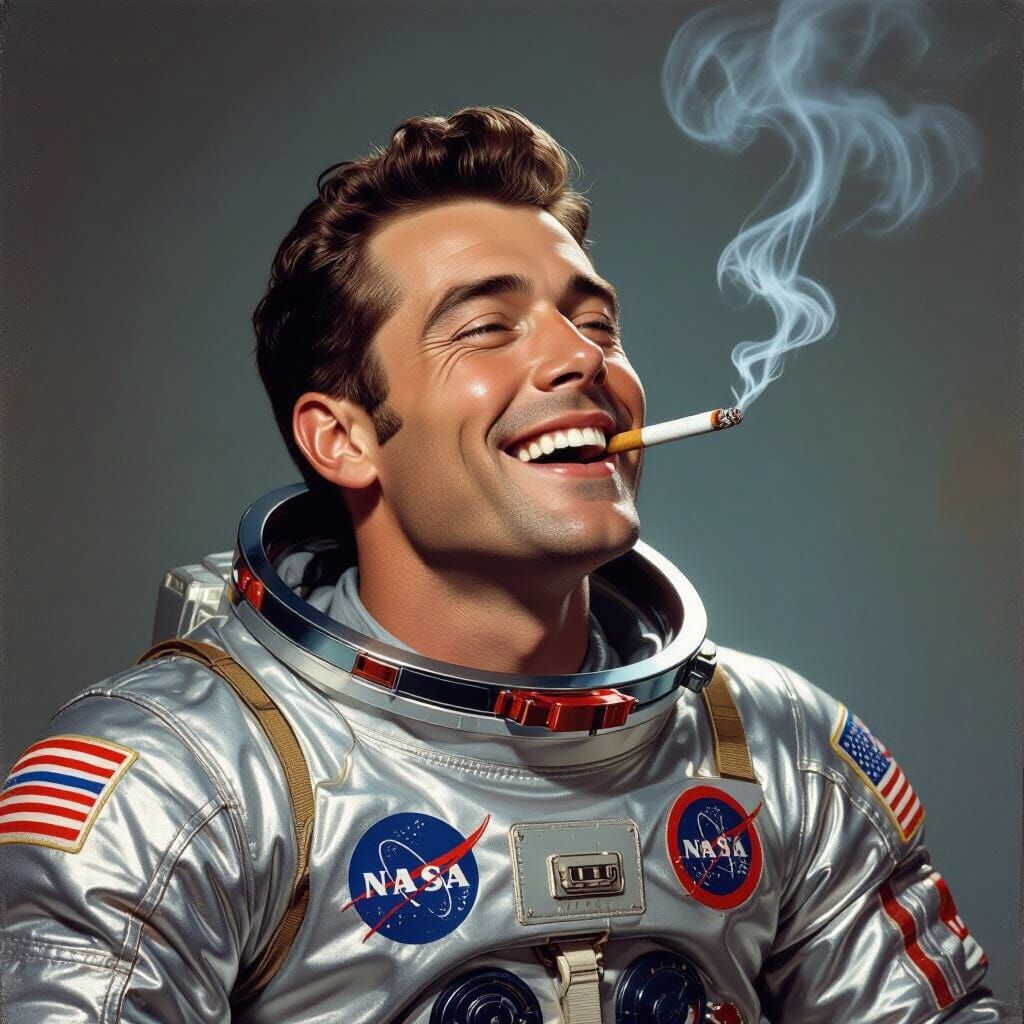 Mischievous Astronaut Smoking, Nostalgic Realism Art
