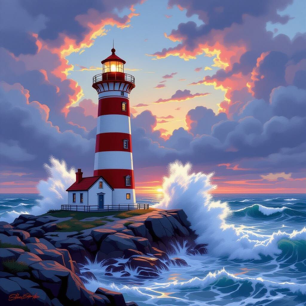 Picturesque Lighthouse on Rocky Coast in Nostalgic Style