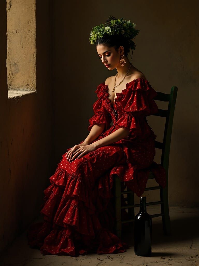 Contemplative Woman in Flamenco Dress, Baroque Style