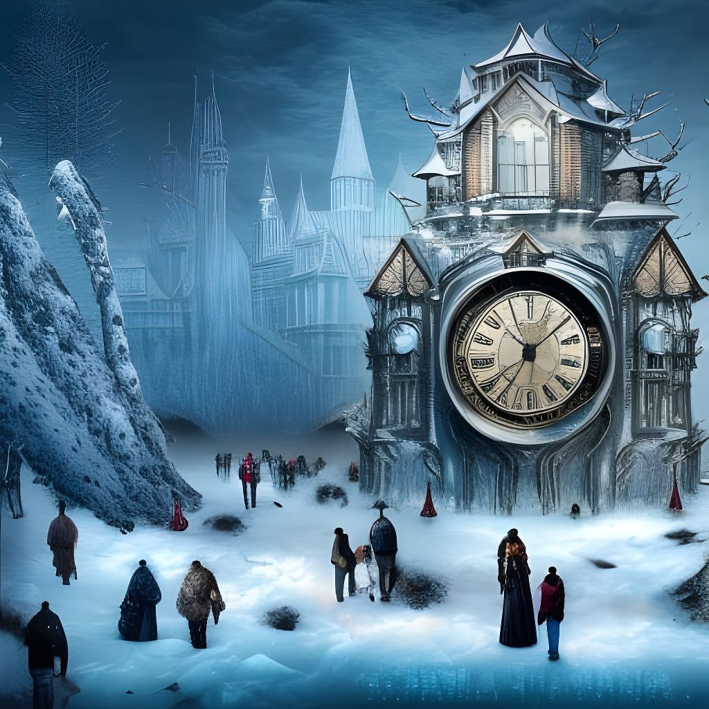 Clockpunk Village in Frozen Snowflake by Lake