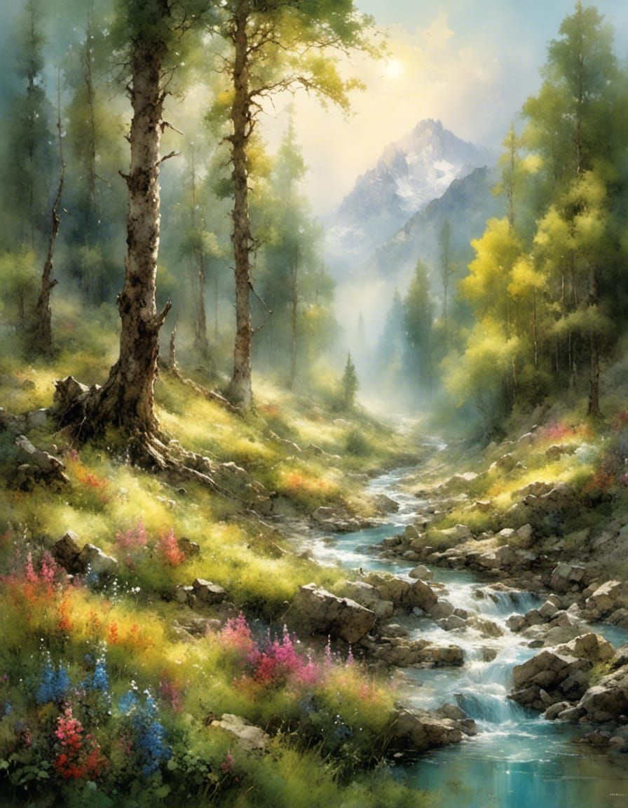 Lush Mountain Forest with Stream in Natural Light
