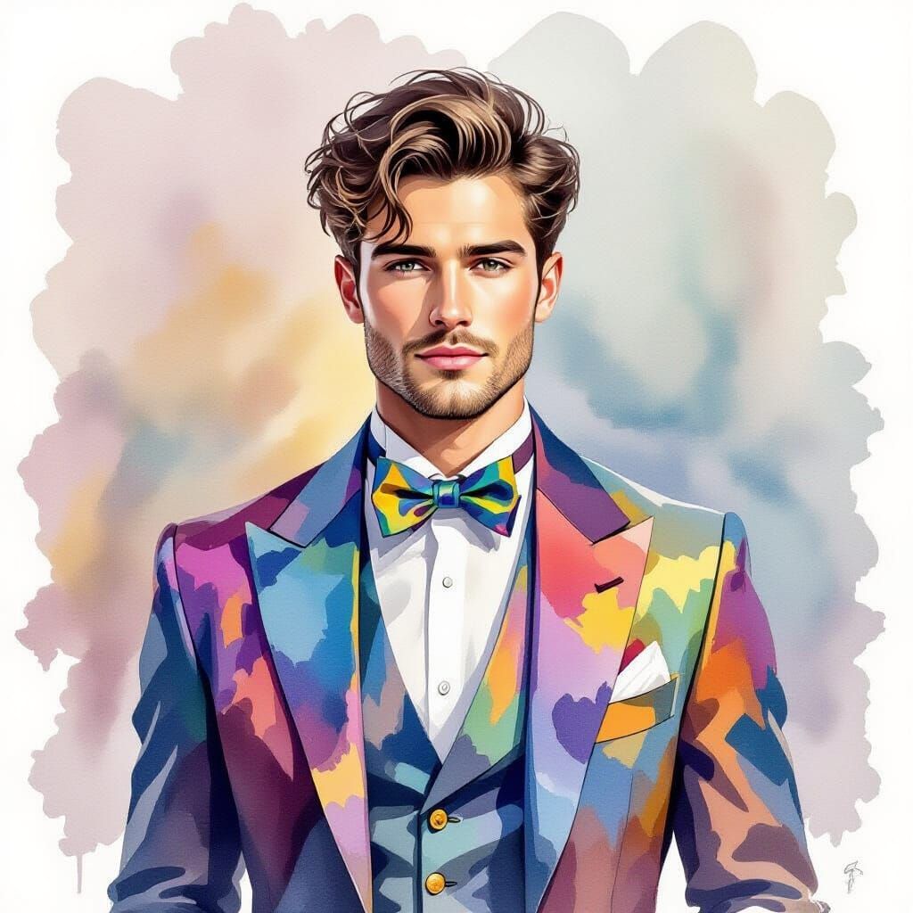 Young Man in Iridescent Watercolor Costume